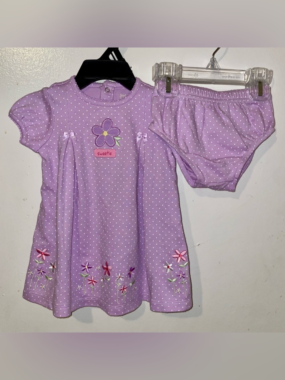 Lilac Polka Dot Dress with Floral Embroidery